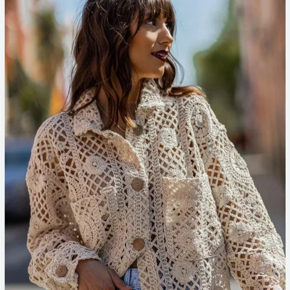 Boho Crochet Button Front Cardigan Cream Open Knit Beachy Oversized Sweater - Picture 6 of 12